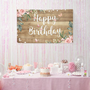 Rustic Wood Floral Birthday Backdrop Pink Flower Banner