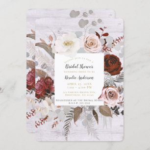 Rustic Wood Floral Blooms Blush Grey Bridal Shower Invitation