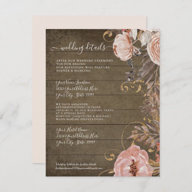 Rustic Wood Floral Blush Rose Gold Wedding Details Invitation (Front/Back)