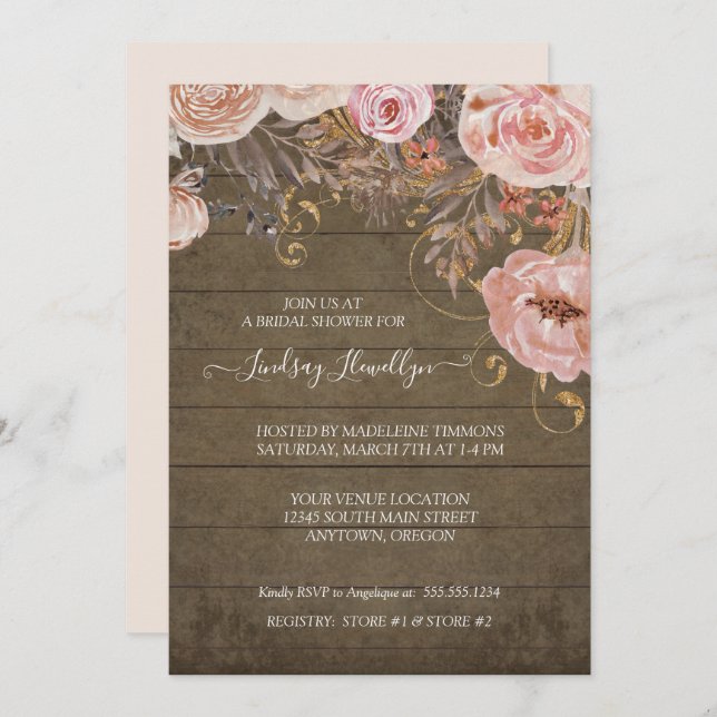 Rustic Wood Floral Boho Rose Gold Bridal Shower Invitation (Front/Back)