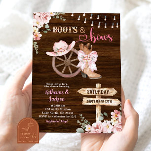 Rustic Wood Floral Boots and Bows Baby Shower Invitation