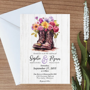 Rustic Wood & Floral Boots Country Farm Wedding Invitation