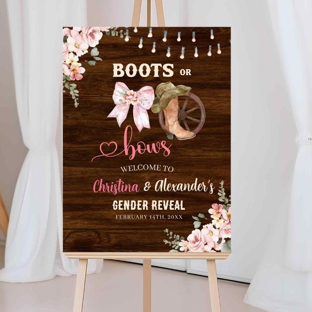 Rustic Wood Floral Boots or Bows Gender Reveal Poster (Creator Uploaded)