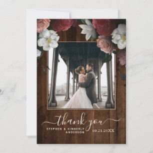 Rustic Wood Floral Burgundy Pink Vintage Photo Thank You Card