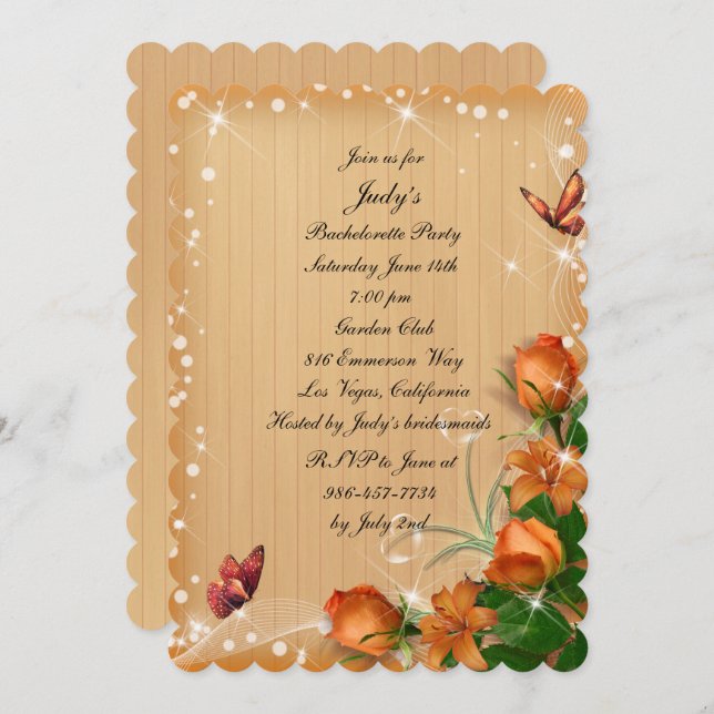 Rustic Wood Floral Butterfly Bachelorette Party Invitation (Front/Back)