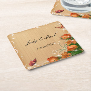 Rustic Wood Floral Butterfly Wedding Paper Coaster