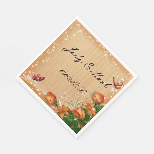 Rustic Wood Floral Butterfly Wedding Paper Napkins (Corner)