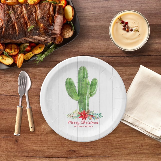 Rustic Wood Floral Cactus Christmas Paper Plate (Rustic Wood Floral Cactus Christmas Paper Plates)