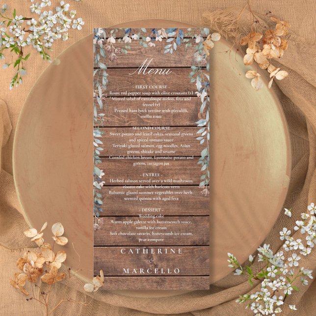 Rustic Wood Floral Cascade Monogram Wedding Dinner Menu (Rustic Wood Floral Cascade Monogram Wedding Dinner Menu)