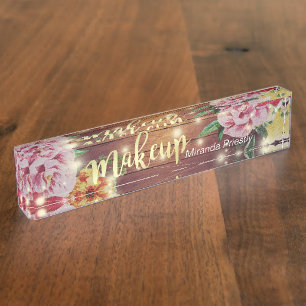 Rustic Wood Floral Chic String Lights Makeup Salon Nameplate