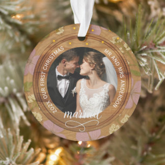 Rustic Wood Floral Couples First Christmas married Ornament