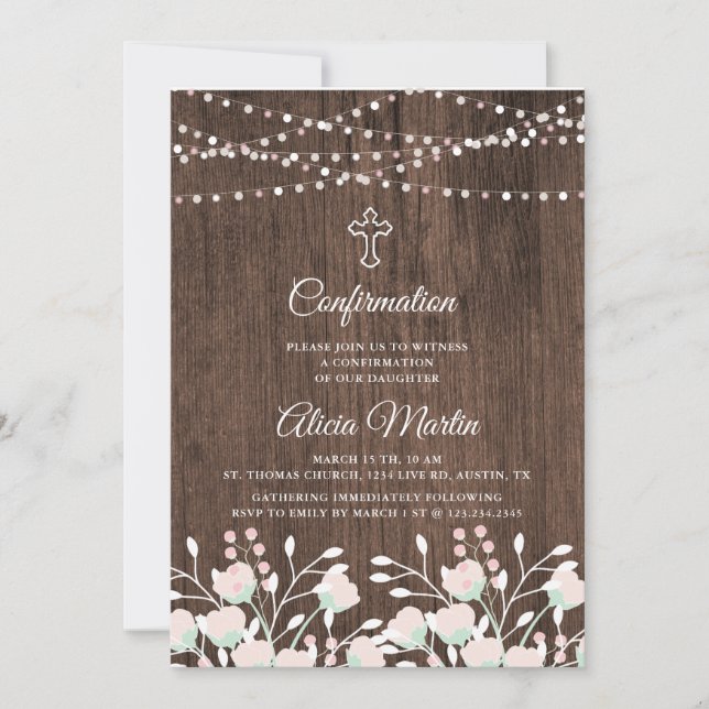 Rustic wood floral cross confirmation invitation (Front)