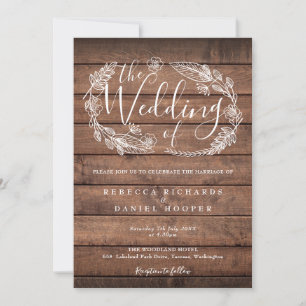 Rustic Wood Floral Garland Script Wedding Invitation