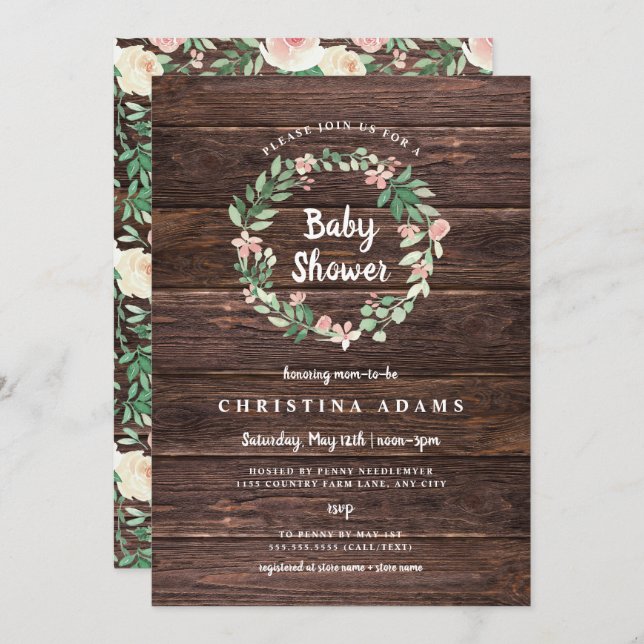 Rustic Wood Floral girl baby shower invite (Front/Back)