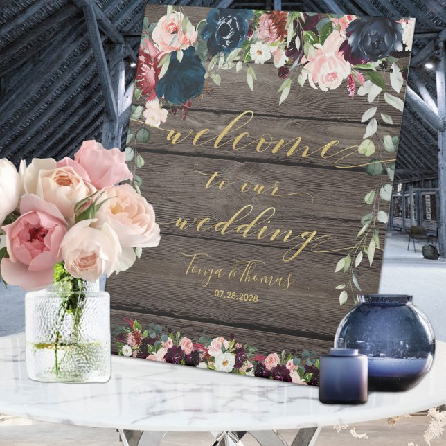 Rustic Wood Floral Gold Fancy Font Calligraphy Pedestal Sign (Creator Uploaded)