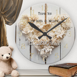 Rustic Wood Floral Heart Mum Round Clock