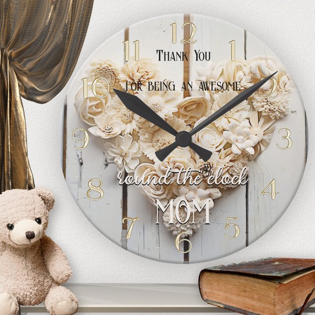 Rustic Wood Floral Heart Mum  Round Clock (Creator Uploaded)