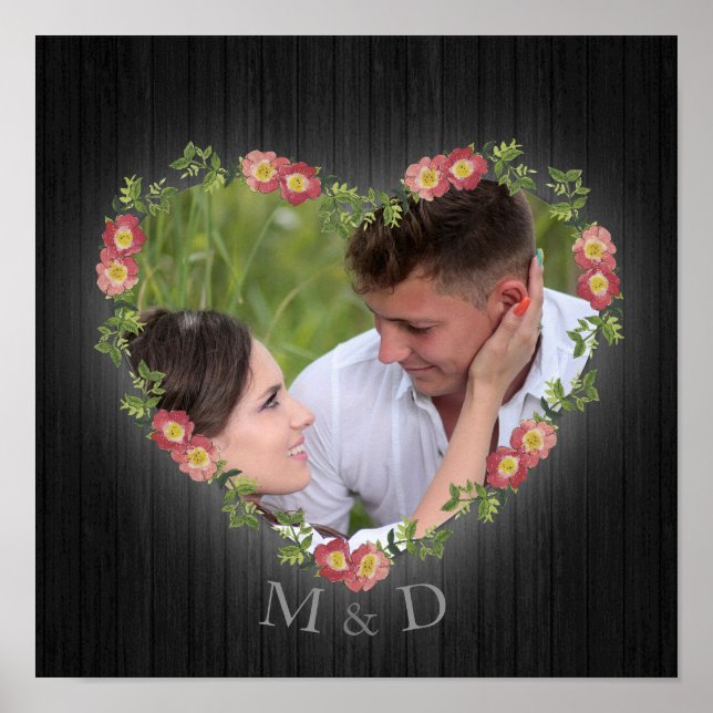 Rustic Wood Floral Heart Photo and Initials Poster (Front)