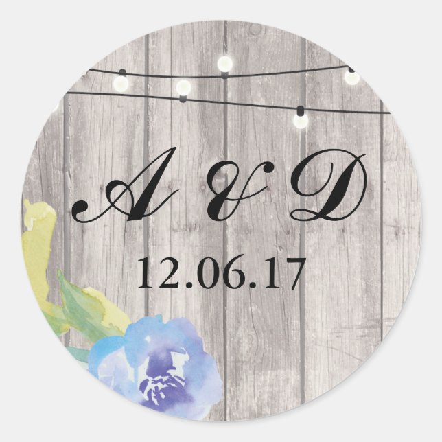 Rustic Wood Floral Initials Lights Stickers Label (Front)