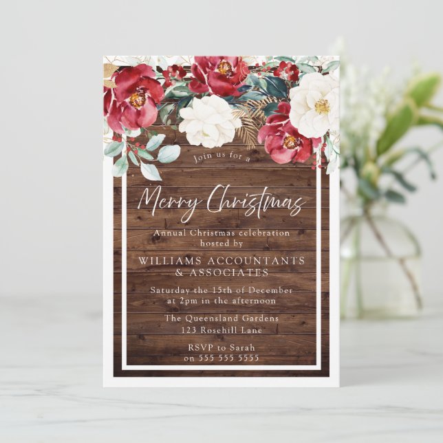 Rustic Wood Floral Jolly Merry Christmas Party Invitation (Standing Front)
