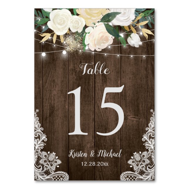 Rustic Wood Floral Lace Chic Wedding Table Number (Front)