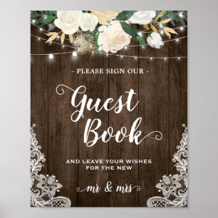 Rustic Wood Floral Lace Guestbook Wedding Sign