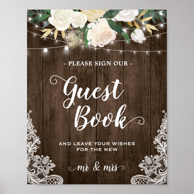 Rustic Wood Floral Lace Guestbook Wedding Sign (Front)