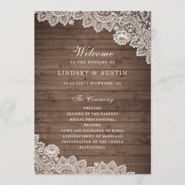 Rustic Wood Floral Lace Wedding Program (Front)