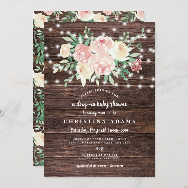 Rustic Wood Floral lights drop in girl baby shower Invitation (Front/Back)