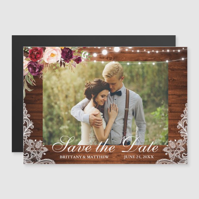 Rustic Wood Floral Lights Lace Photo Save the Date Magnetic Invitation (Front/Back)