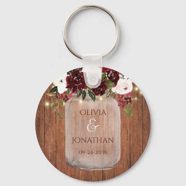 Rustic Wood Floral Mason Jar Lights Wedding Favour Key Ring (Front)