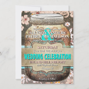 Rustic Wood & Floral Mason Jar Wedding Invitation