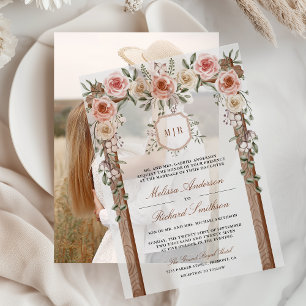 Rustic Wood Floral Monogram Crest Canopy Wedding Vellum Invitations