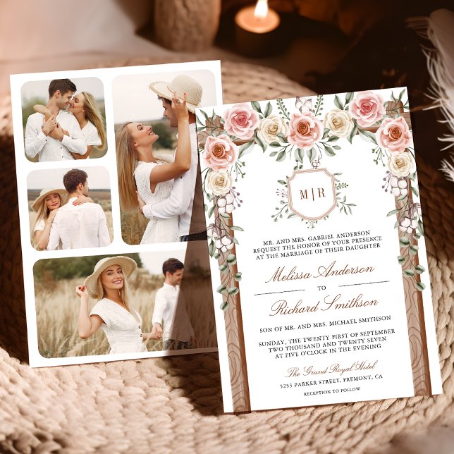 Rustic Wood Floral Monogram Photo Canopy Wedding Invitation (Creator Uploaded)