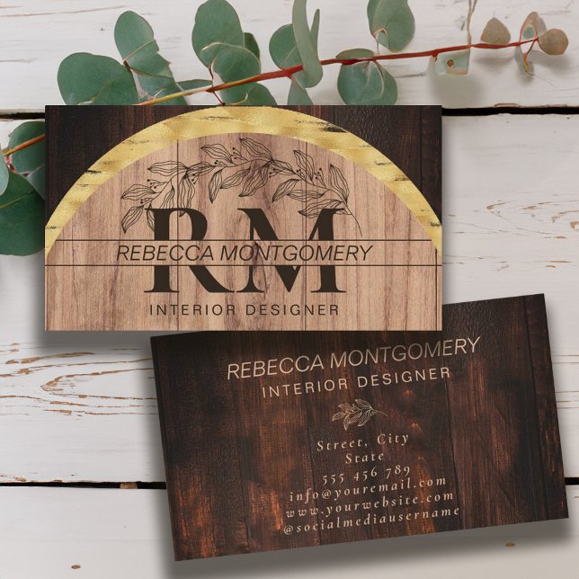 Rustic Wood Floral Monogrammed Gold Business Card (Rustic Wood Floral Monogrammed Gold Business Card)
