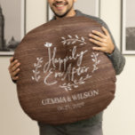 Rustic Wood Floral Personalised Wedding Gift Round Cushion<br><div class="desc">Printed dark wood rustic wedding gift round pillow design that features the words happily ever after in unique script circled by simple laurel leaves with names and wedding dates for you to personalise.</div>