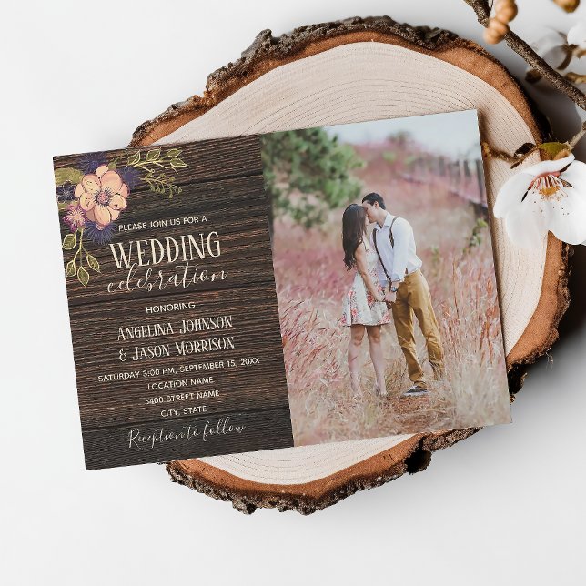 Rustic Wood Floral Photo Wedding Invitation (Creator Uploaded)