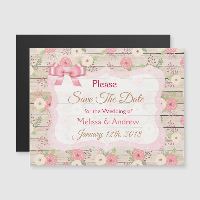 Rustic Wood Floral Pink Save the Date Magnets (Front/Back)