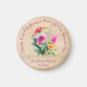 rustic wood floral   pink script thank you wedding magnet
