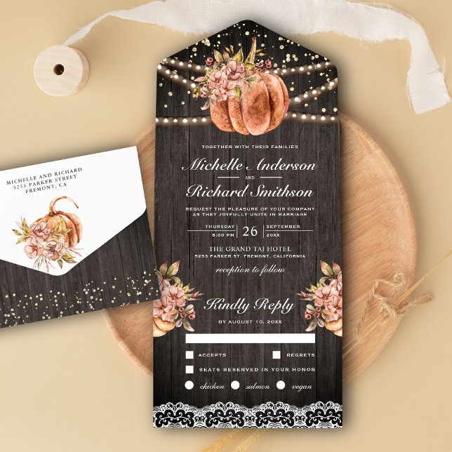 Rustic Wood Floral Pumpkin Autumn Fall Wedding All In One Invitation (Creator Uploaded)