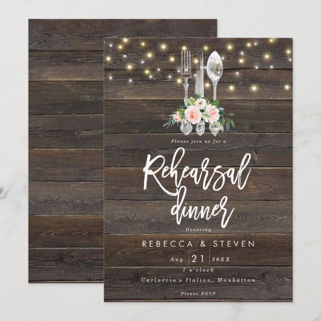 rustic wood floral rehearsal dinner invitation (Front/Back)