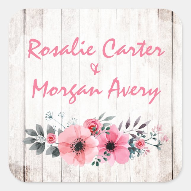Rustic Wood Floral Rose Country Chic Coral Wedding Square Sticker (Front)
