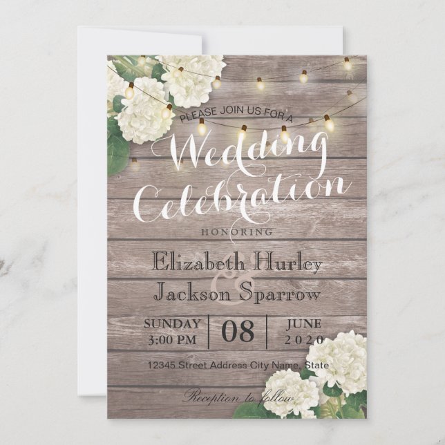 Rustic Wood Floral String Light Wedding Invitation (Front)