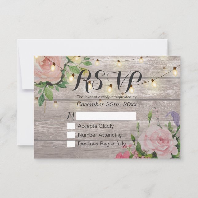 Rustic Wood Floral String Light Wedding RSVP Reply (Front)