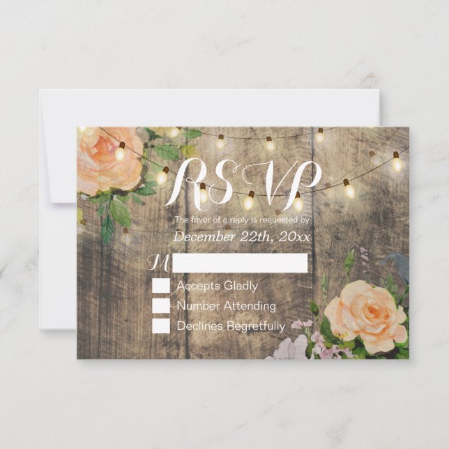 Rustic Wood Floral String Light Wedding RSVP Reply Card (Front)