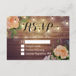 Rustic Wood Floral String Light Wedding RSVP Reply Card