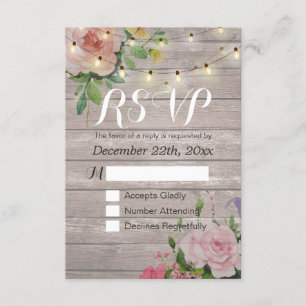 Rustic Wood Floral String Light Wedding RSVP Reply Card