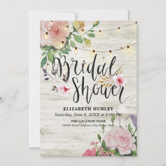 Rustic Wood Floral String Lights Bridal Shower Invitation (Front)