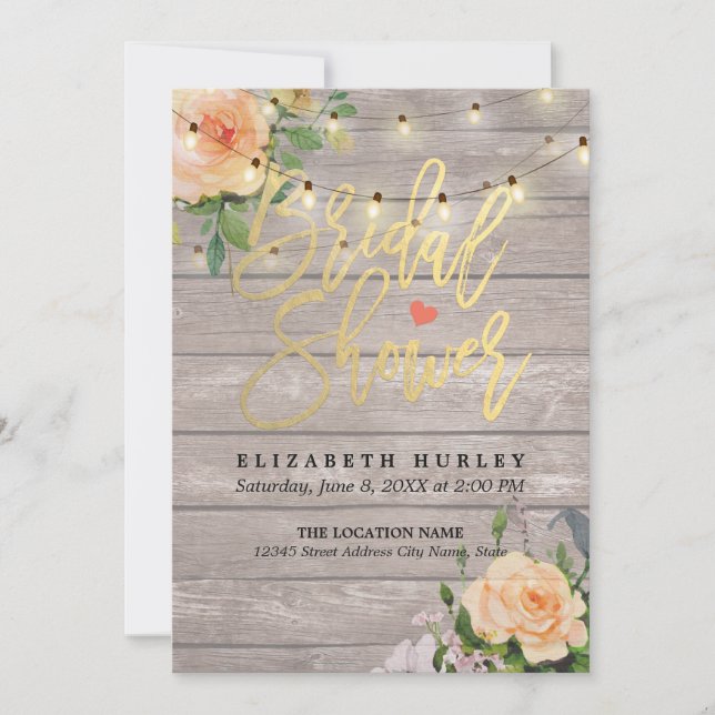 Rustic Wood Floral String Lights Bridal Shower Invitation (Front)
