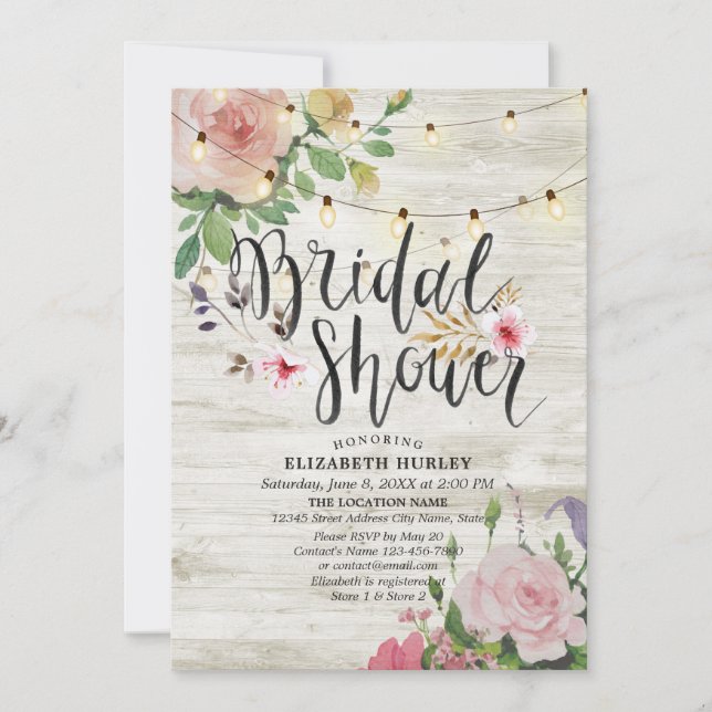 Rustic Wood Floral String Lights Bridal Shower Invitation (Front)